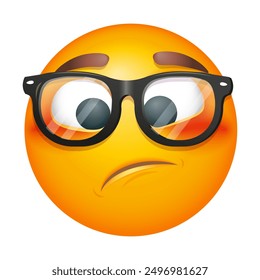 Buffled emoji in eyeglasses. Surprised emoticon on white background. Cute emoticon