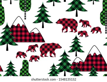 

Buffolo plaid bears, mountains, birch trees and fir-trees.
Woodland seamless pattern. Checkered silhouettes on a white background.
Lumberjack vector illustration.