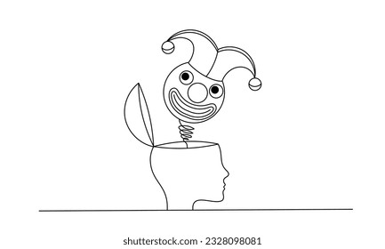 A buffoon jumps out of a human head. Outline vector minimalistic illustration.	