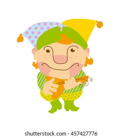 buffoon with music instruments.  traditional russian clown playing folk. vector cartoon illustration