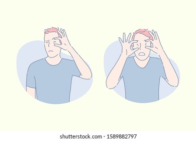 Buffoonery, grimacing, making faces concept. Antics, facial expressions, gesticulating young man, clowning guy, teasing male teenager, boy stretching skin around eyes. Simple flat vector