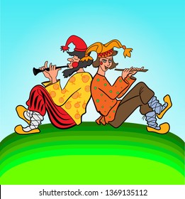 Buffoons playing on pipes sitting on a green hill vector illustration