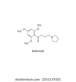 Buflomedil flat skeletal molecular structure vasodilator drug used in hypertension treatment. Vector illustration scientific diagram.