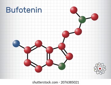 Bufotenin, 5-HO-DMT, bufotenine molecule. It is alkaloid, tryptamine derivative, hallucinogenic serotonin analog, found in toad skins, mushrooms. Sheet of paper in a cage. Vector illustration