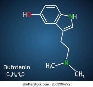 Bufotenin, 5-HO-DMT, Bufoteninmolekül. Es ist Alkaloid, Tryptamin-Derivat, halluzinogenes Serotonin-Analogon, gefunden in Totenhäuten, Pilzen. Strukturformel, dunkelblauer Hintergrund. Vektorgrafik 