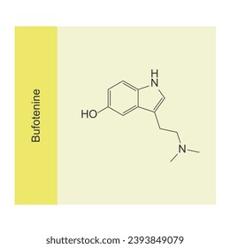 Bufotenine molecular structure, skeletal formula diagram on yellow background. Scientific EPS10 vector illustration.