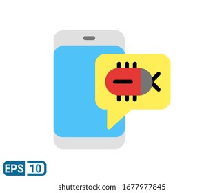 Bug attack, corrupting system, mobile bug, smartphone virus, virus alert message icon. Flat style icon. EPS 10