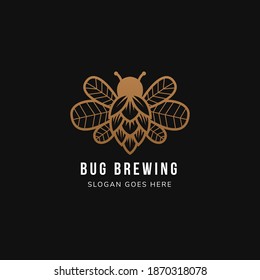 bug brewery logo template design use brown color in black background. combination of bug, hop beer and leaves on wing. 