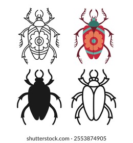 Bug cartoon icon. Beetle linear symbol set. Stylized folk art insect cockroach emblem collection. Simple sign doodle or silhouette floral bug insect clipart. Vector isolated abstract illustration