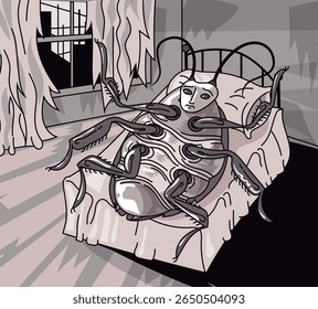 bug cockroach metamorphosis with human face struggling 