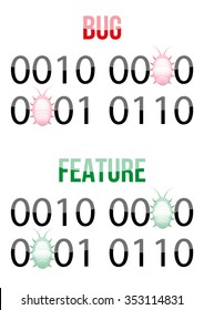 Bug in code design concept. Binary code representing number 2016 with red bugs replacing some zeroes - bugs.  Binary code representing number 2016 with green bugs replacing some zeroes - features.