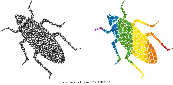 Bug collage icon of round dots in variable sizes and spectrum colored color hues. A dotted LGBT-colored bug for lesbians, gays, bisexuals, and transgenders. Vector pictogram in LGBT flag colors.