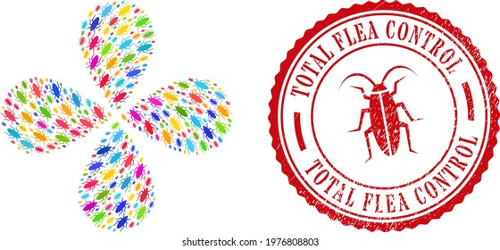 Bug colored twirl flower with four petals, and red round TOTAL FLEA CONTROL textured rubber print. Bug symbol inside round badge. Element flower with 4 petals organized from scattered bug symbols.