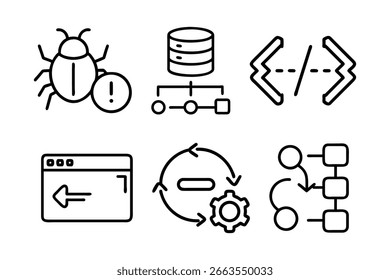 Ícones de erro, banco de dados, código, navegador, fluxo de trabalho e linha de processo