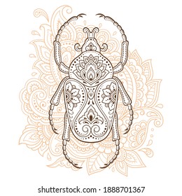 Bug decorated with Indian ethnic floral vintage pattern. Hand drawn decorative insect in doodle style. Stylized mehndi ornament for tattoo, print, design for room, cover, book and coloring page.