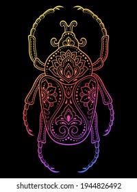 Bug decorated with Indian ethnic floral vintage pattern. Hand drawn decorative insect in doodle style. Stylized mehndi ornament for print, design for room, cover. Rainbow design on black background.