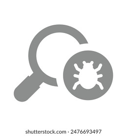 Bug detection vector icon. Malware scanning with magnifying glass symbol.