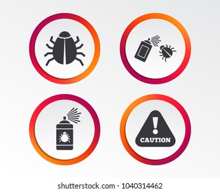 Bug disinfection icons. Caution attention symbol. Insect fumigation spray sign. Infographic design buttons. Circle templates. Vector