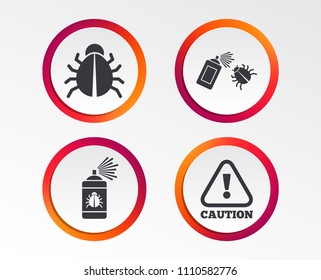 Bug disinfection icons. Caution attention symbol. Insect fumigation spray sign. Infographic design buttons. Circle templates. Vector