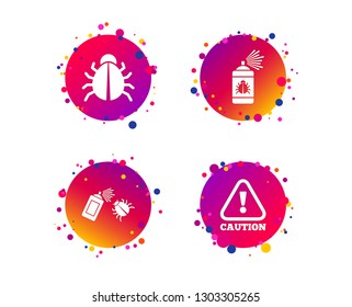 Bug disinfection icons. Caution attention symbol. Insect fumigation spray sign. Gradient circle buttons with icons. Random dots design. Vector