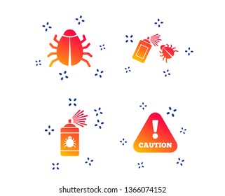 Bug disinfection icons. Caution attention symbol. Insect fumigation spray sign. Random dynamic shapes. Gradient disinfection icon. Vector