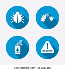 Bug disinfection icons. Caution attention symbol. Insect fumigation spray sign. Circle concept web buttons. Vector