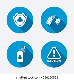 Bug disinfection icons. Caution attention and shield symbols. Insect fumigation spray sign. Circle concept web buttons. Vector