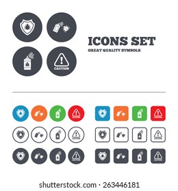 Bug disinfection icons. Caution attention and shield symbols. Insect fumigation spray sign. Web buttons set. Circles and squares templates. Vector