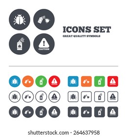 Bug disinfection icons. Caution attention symbol. Insect fumigation spray sign. Web buttons set. Circles and squares templates. Vector