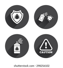 Bug disinfection icons. Caution attention and shield symbols. Insect fumigation spray sign. Circles buttons with long flat shadow. Vector