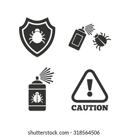 Bug disinfection icons. Caution attention and shield symbols. Insect fumigation spray sign. Flat icons on white. Vector