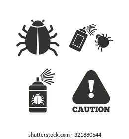 Bug disinfection icons. Caution attention symbol. Insect fumigation spray sign. Flat icons on white. Vector