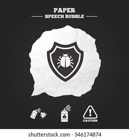 Bug disinfection icons. Caution attention and shield symbols. Insect fumigation spray sign. Paper speech bubble with icon.