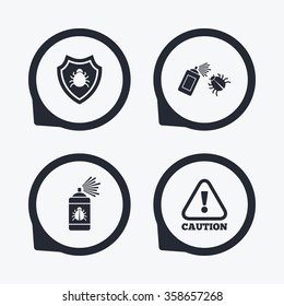 Bug disinfection icons. Caution attention and shield symbols. Insect fumigation spray sign. Flat icon pointers.