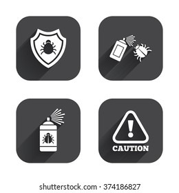Bug disinfection icons. Caution attention and shield symbols. Insect fumigation spray sign. Square flat buttons with long shadow.