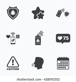 Bug disinfection icons. Caution attention and shield symbols. Insect fumigation spray sign. Flat talking head, calendar icons. Stars, like counter icons. Vector