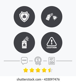 Bug disinfection icons. Caution attention and shield symbols. Insect fumigation spray sign. Chat, award medal and report linear icons. Star vote ranking. Vector