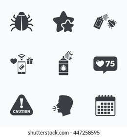 Bug disinfection icons. Caution attention symbol. Insect fumigation spray sign. Flat talking head, calendar icons. Stars, like counter icons. Vector