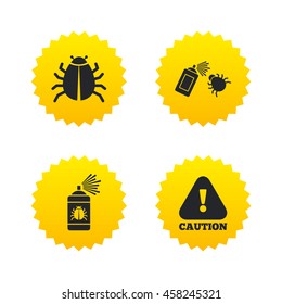 Bug disinfection icons. Caution attention symbol. Insect fumigation spray sign. Yellow stars labels with flat icons. Vector
