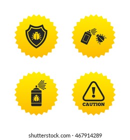 Bug disinfection icons. Caution attention and shield symbols. Insect fumigation spray sign. Yellow stars labels with flat icons. Vector