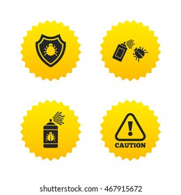 Bug disinfection icons. Caution attention and shield symbols. Insect fumigation spray sign. Yellow stars labels with flat icons. Vector