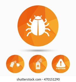 Bug disinfection icons. Caution attention symbol. Insect fumigation spray sign. Triangular low poly buttons with shadow. Vector