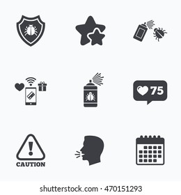 Bug disinfection icons. Caution attention and shield symbols. Insect fumigation spray sign. Flat talking head, calendar icons. Stars, like counter icons. Vector