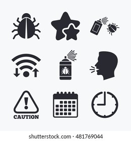Bug disinfection icons. Caution attention symbol. Insect fumigation spray sign. Wifi internet, favorite stars, calendar and clock. Talking head. Vector