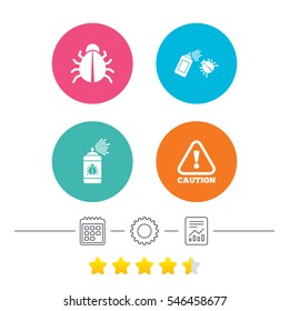 Bug disinfection icons. Caution attention symbol. Insect fumigation spray sign. Calendar, cogwheel and report linear icons. Star vote ranking. Vector