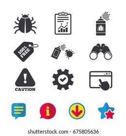 Bug disinfection icons. Caution attention symbol. Insect fumigation spray sign. Browser window, Report and Service signs. Binoculars, Information and Download icons. Stars and Chat. Vector