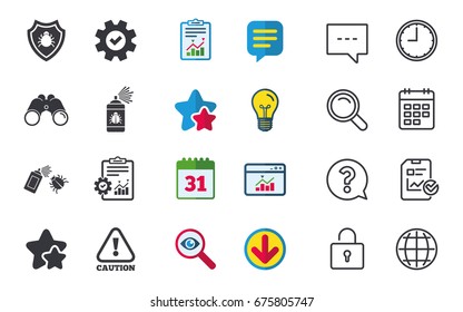 Bug disinfection icons. Caution attention and shield symbols. Insect fumigation spray sign. Chat, Report and Calendar signs. Stars, Statistics and Download icons. Question, Clock and Globe. Vector