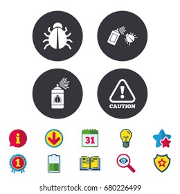Bug disinfection icons. Caution attention symbol. Insect fumigation spray sign. Calendar, Information and Download signs. Stars, Award and Book icons. Light bulb, Shield and Search. Vector