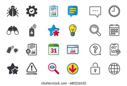 Bug disinfection icons. Caution attention symbol. Insect fumigation spray sign. Chat, Report and Calendar signs. Stars, Statistics and Download icons. Question, Clock and Globe. Vector