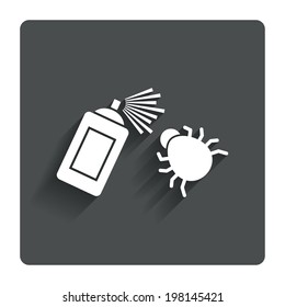 Bug disinfection sign icon. Fumigation symbol. Bug sprayer. Gray flat button with shadow. Modern UI website navigation. Vector